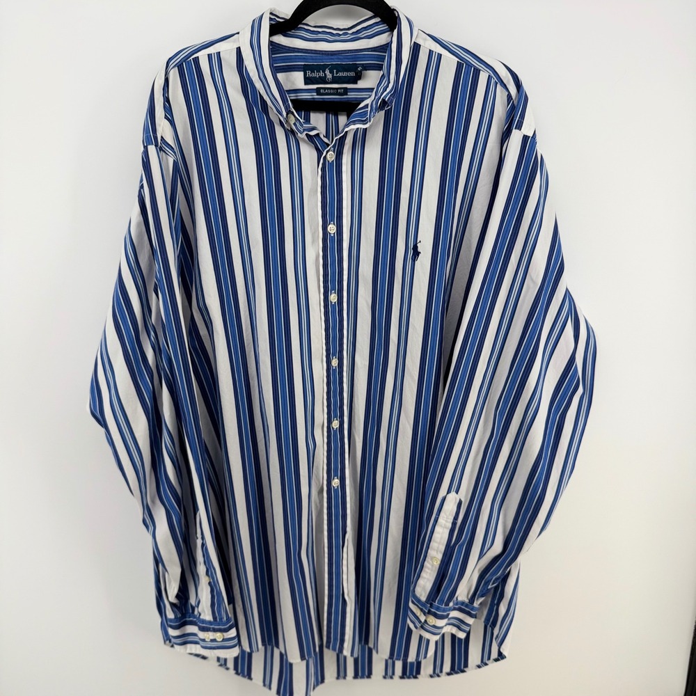 Polo Ralph Lauren Men's XXL 18 Blue White Stripe Dress Shirt 34/35 Classic Fit